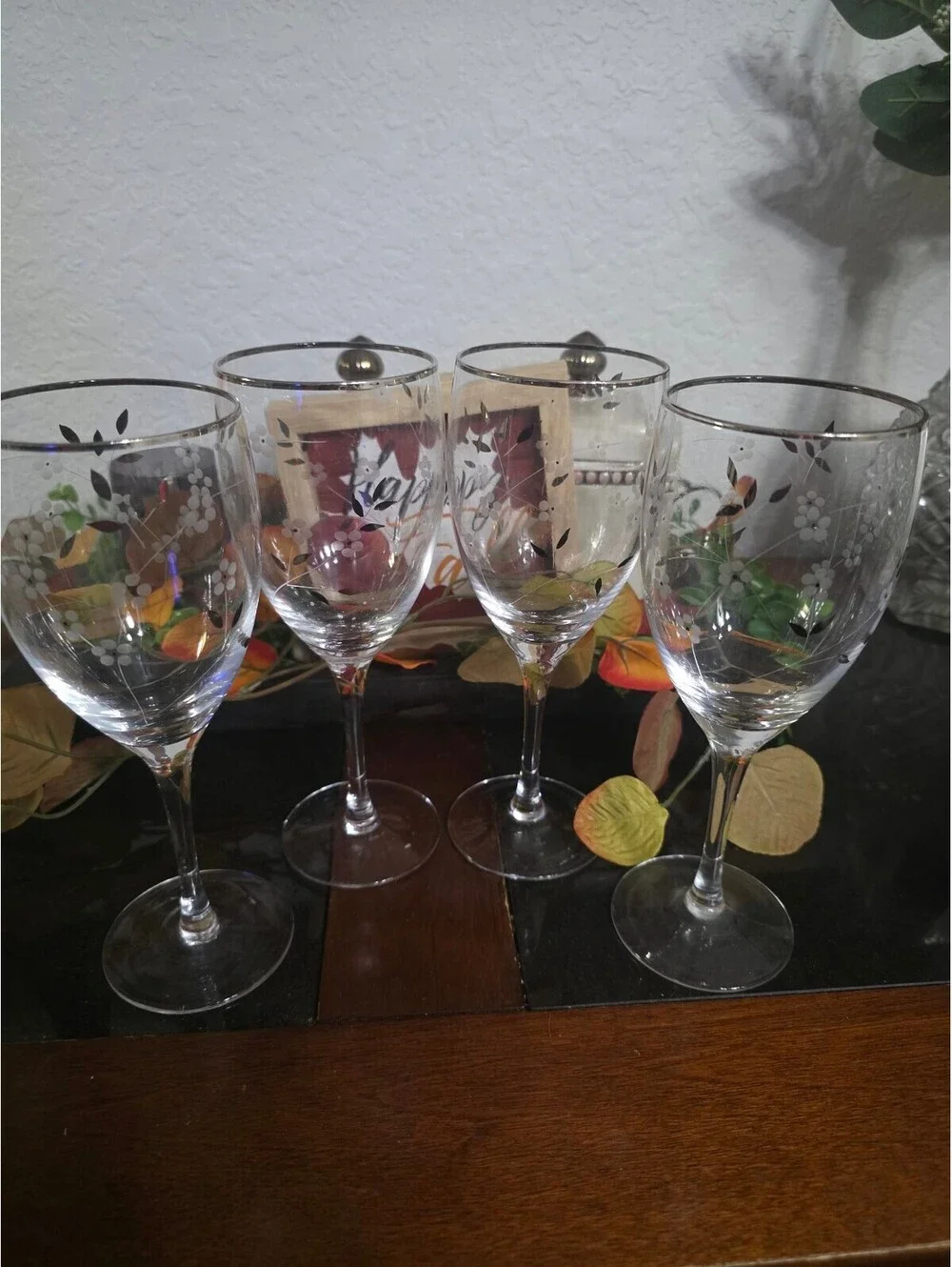 Vintage Black White Floral Silver Rim Wine Glasses Set of 4